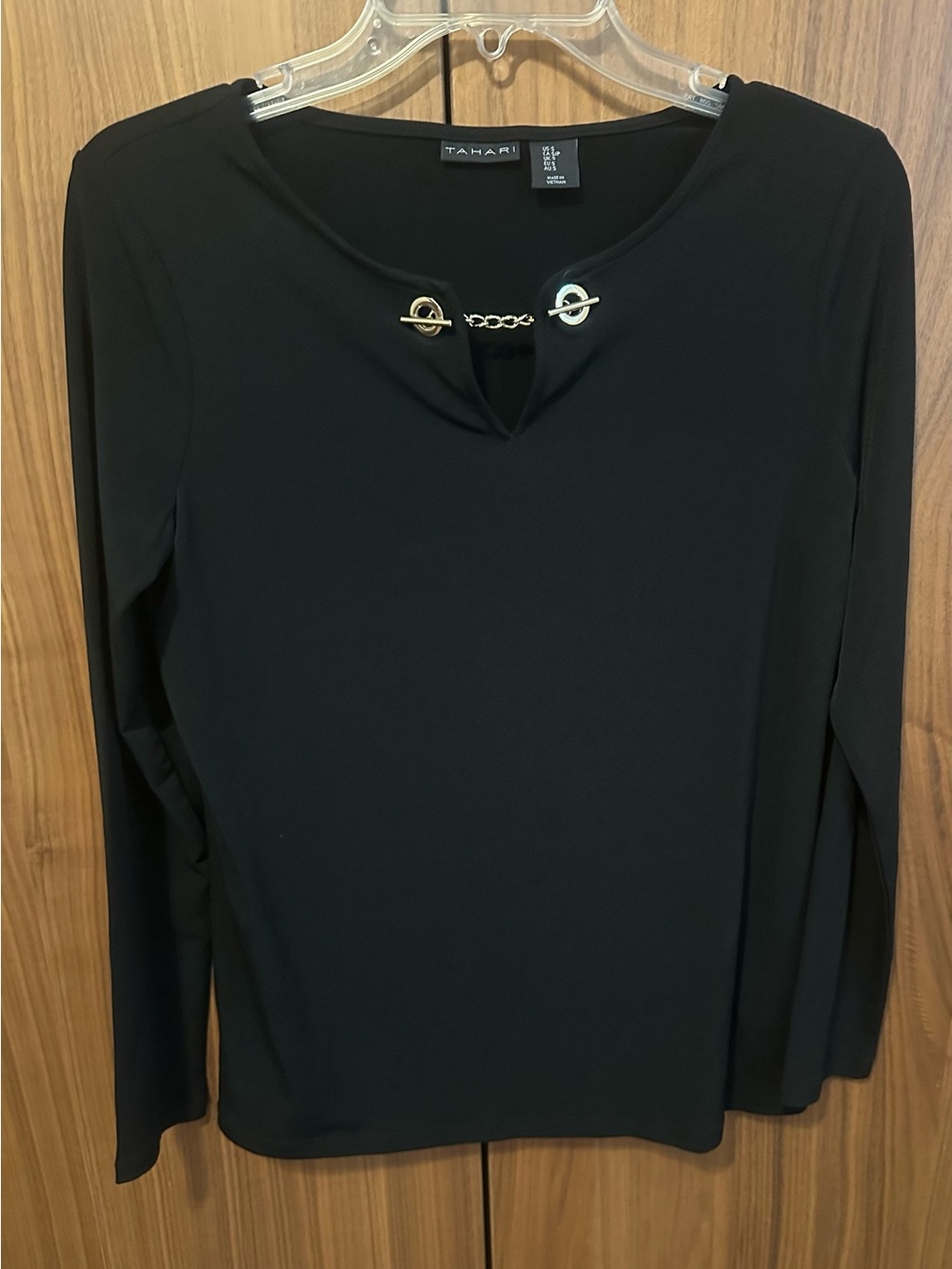 Tahari Black Long Sleeve Top with Gold Chain Detail